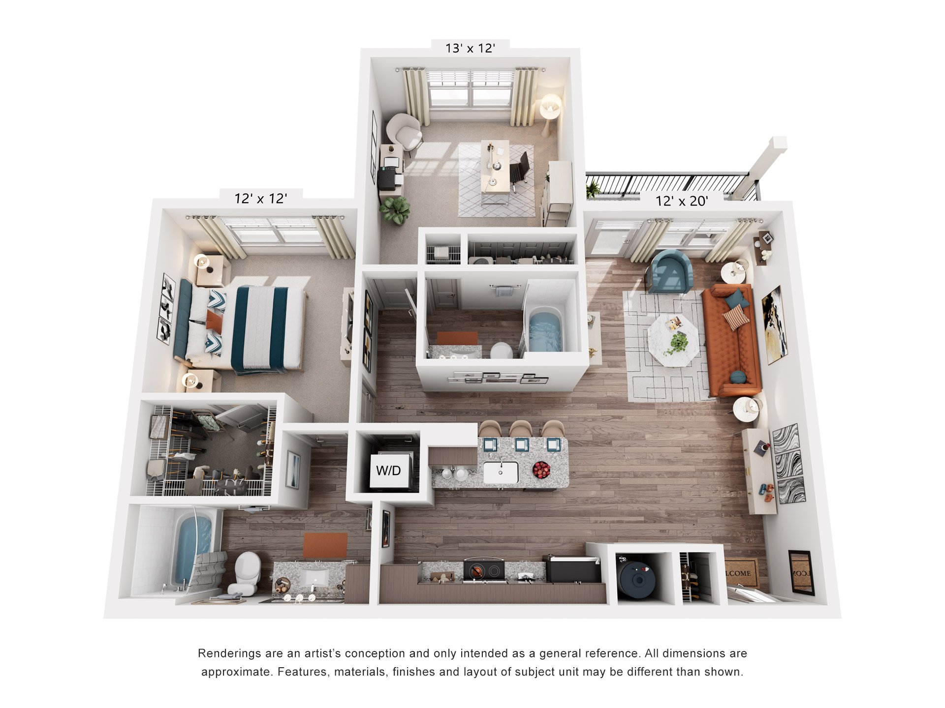 Floor plan for 2 beds, 2 baths, 1065 sqft
